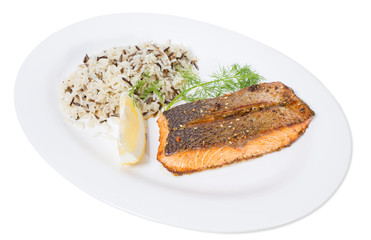 Griiled salmon fillet with basmati rice.