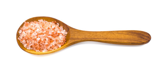 Himalayan salt that is grinded into a small grain and a number in a wooden spoon on the White Blackground