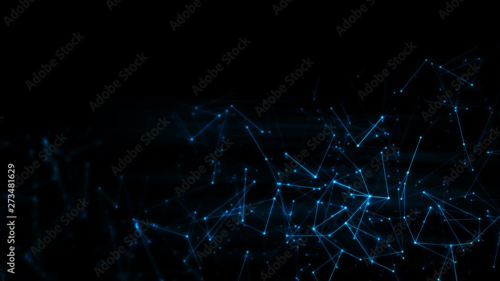 Poster 3d rendering of abstract polygonal space low poly network nodes with connected dots and lines on dar