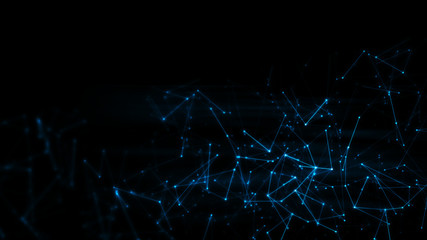 Fototapeta premium 3D Rendering of Abstract polygonal space low poly network nodes with connected dots and lines on dark blur blue tone background. Concept for digital technology, telecom, big data, ai, block chain