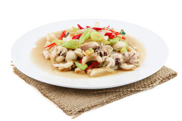 stir-fried squid and basil isolated on white background