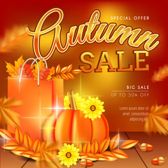 Naklejka premium Autumn sale banner background template design with shopping bag leaves and wooden boards