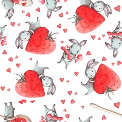 Tapeten Nahtloses Muster mit Aquarell niedlichen weißen Kaninchen, Herzen und Erdbeeren. Gute Innentapete für Kinderzimmer, Stofftextilien, Verpackungspapier, Website-Hintergrunddesign. © Tatiana 