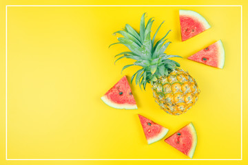web banner and minimal flat lay creative design for group of summer fruits with fresh watermelon and pine apple on pastel color background - Powered by Adobe