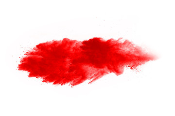 Freeze motion of red powder exploding, isolated on white background. Abstract design of red dust cloud. 