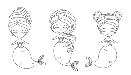 Three little mermaids. Images for coloring book, greeting card, print and poster. Hand-drawn vector illustration.