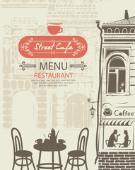 Vector menu for street cafe or restaurant with table for two in an old european town with place for text in retro style