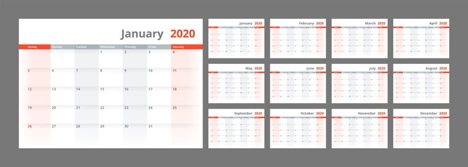 Calendar for 2020 year in clean minimal table simple style. Week Starts on Sunday. Set of 12 Months.