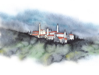 White Tuscan town under cloudy sky watercolor painting.