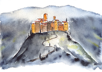 Tuscan hill town and mountains watercolor painting.