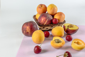 peach, apricot, strawberry, background for text, fruit on a light background