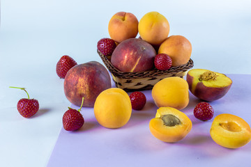 peach, apricot, strawberry, background for text, fruit on a light purple background
