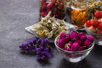 Herbs and dry flowers for healthy tea