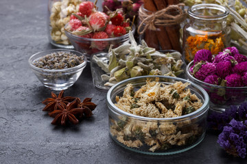 Herbs and dry flowers for healthy tea