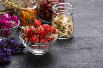 Herbs and dry flowers for healthy tea
