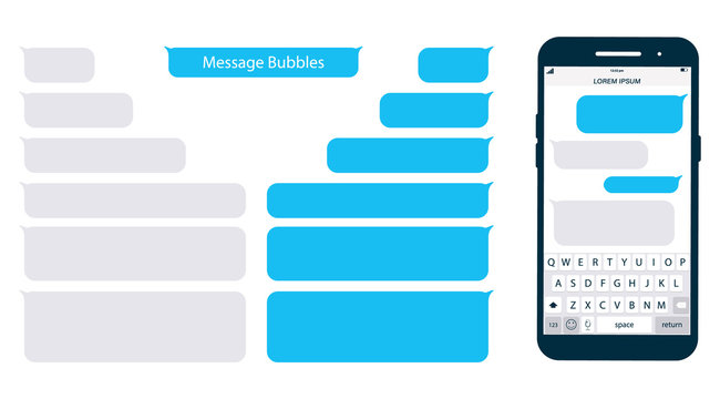 Smartphone, chatting sms app template bubbles. Place your own text to the message clouds. Social network messenger page template. Chat app template with mobile keyboard. Message Flat Bubbles