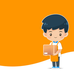 Cute cartoon character assistant mascot wear apron in carry a box action use for illustration on orange curve background