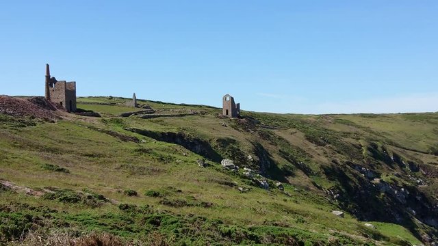 The Poldark famous tin and copper mine location known as wheal leisure. The real name is wheal owles, a world heritage site in the cornish countryside close to beautiful cliffs. Zoom in 4k footage