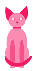 A full-length cat, sitting and looking straight. Pink cat with transparencies in neon style. Pet collar. Cute and kawaii cat