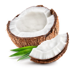 Coco. Coconut half and piece isolated. With leaves. Cocos white.