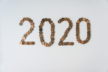 2020 Year made of isolated pennies on blank white background with copyspace