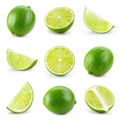 Lime isolated. Lime half, slice, piece isolate on white. Lime set.
