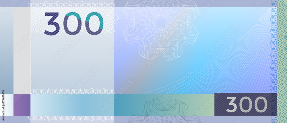 Wall mural voucher template banknote 300 with guilloche pattern watermarks and border. blue background banknote