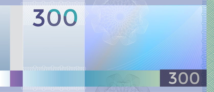 Voucher template banknote 300 with guilloche pattern watermarks and border. Blue background banknote, gift voucher, coupon, diploma, money design, currency, note. Cheque, reward certificate concept
