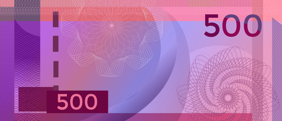 Voucher banknote 500 template with guilloche pattern watermarks and border. Purple background banknote, gift voucher, coupon, diploma, money design, currency, note, check, cheque, reward. certificate