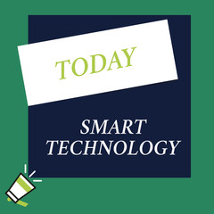 Writing note showing Smart Technology. Business concept for gadgets or device that has a built in computer or chip Speaking trumpet on left bottom and paper to rectangle background