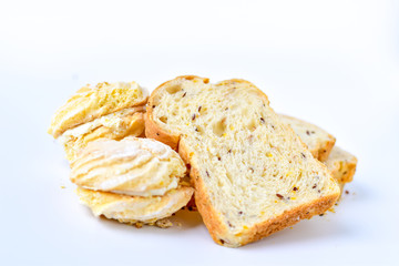 Sliced whole grain bread on white background.Healthy bread for lose weight.