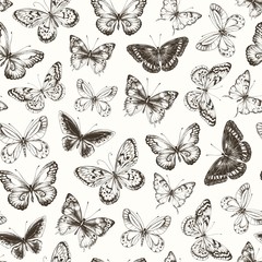 Seamless pattern with hand-drawn dark silhouette butterflies, vector illustration in vintage style.