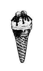 Ice cream in a waffle cone, with hazelnut. Natural products and healthy lifestyle, delicious products, a set of templates for menu design, restaurants and catering. Hand-drawn images