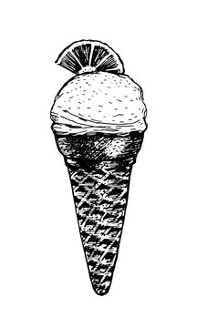 Ice cream in a waffle cone, with lyme. Natural products and healthy lifestyle, delicious products, a set of templates for menu design, restaurants and catering. Hand-drawn images