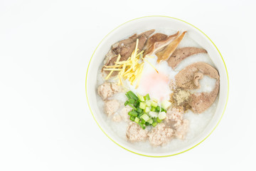 Top view congee with minced pork in bowl isolated on white background