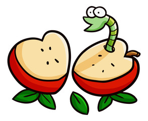 Funny and cute apple get two pieces plus worm in it - vector.