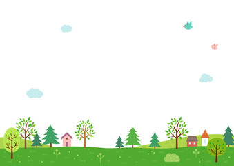 Summer rural landscape.Trees and houses background