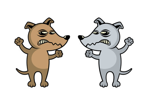 Two Angry Dogs vector illustration. Rabid Dog threatening with clenched fist icon set. Brown and gray mad dog cartoon character. Angry dogs icon isolated on a white background