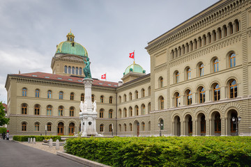 Fototapeta premium The Federal Palace Historical Capital City of Switzerland, Bern. Architectural Contemporary Detail Facade Building, Historic Swiss Arts Culture in Old Town of Bern., Cityscape of World Unesco Heritage