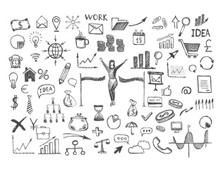Hand drawn business symbols. Management concept with Doodle design style.