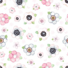 Seamless pattern with tender flowers and green leaves on white background, vector illustration in vintage watercolor style.