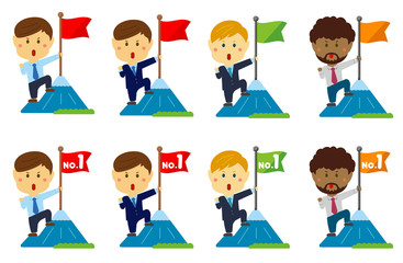 Cartoon illustrations set of a businessman (asian, japanese, american etc.) grabbing a flag on top of the mountain. metaphorical expression of an ambitious businessman.