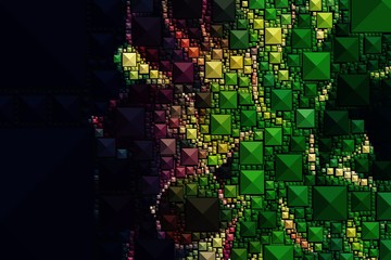 Abstract background with geometric design. Digital futuristic element. Technology. Macro flower cactus. Floral wallpaper. Colorful green blue pink red. Dark background.