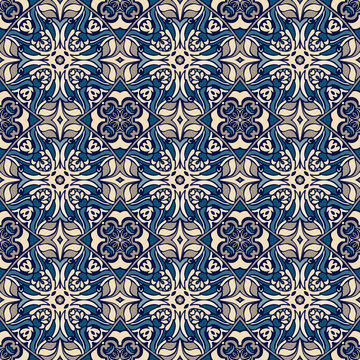 Blue oriental pattern for tiles and fabric. Abstract geometric vintage seamless pattern ornamental.