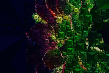 Abstract background with geometric design. Digital futuristic element. Technology. Macro flower cactus. Floral wallpaper. Colorful green blue pink red. Dark background.