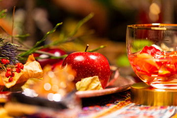 Naklejka na ściany i meble Close Up of Table decorated with Autumn and Winter Fruits and Edibles