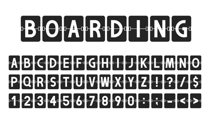 Creative font in airport board style, airline timeboard. Letters and numbers in vintage style, flip flap alphabet. Airport scoreboard, information panel, schedule