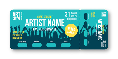 Concert ticket template. Concert, party, disco or festival ticket design template with people crowd on background. Entrance to the event