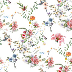 Watercolor painting of leaf and flowers, seamless pattern on white background