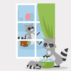 Raccon family poster, banner vector illustration. Cartoon mother washing clothes in bowl, small child sleeping near parent. Father going home with suitcase full of money.